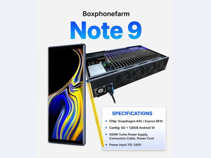 Galaxy Note 9 phone farm box configuration